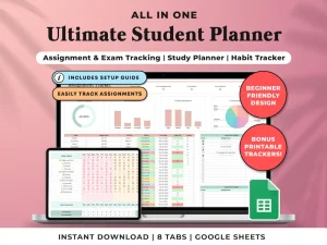 Academic Student Planner Spreadsheet, School Assignment Tracker Google Sheets, College Study Tracker Template,University Planner Spreadsheet